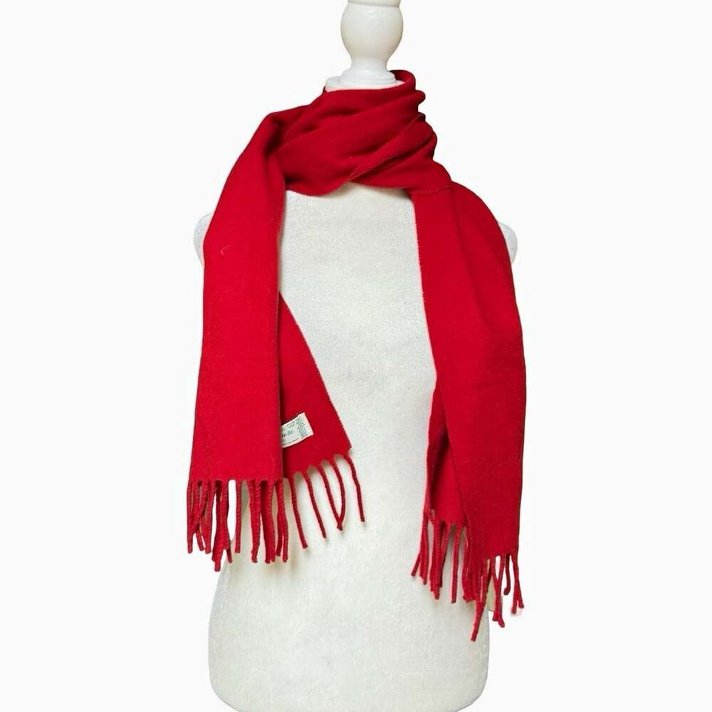 Women’s Red Solid Knit Rectangle Scarf Lambswool Cashmere Blend Fringe